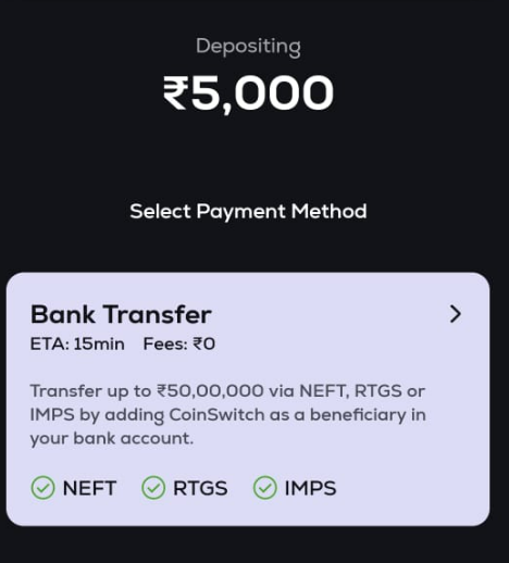 coinswitch cuber Abhi aapko Bank Transfer likha option dikhega waha